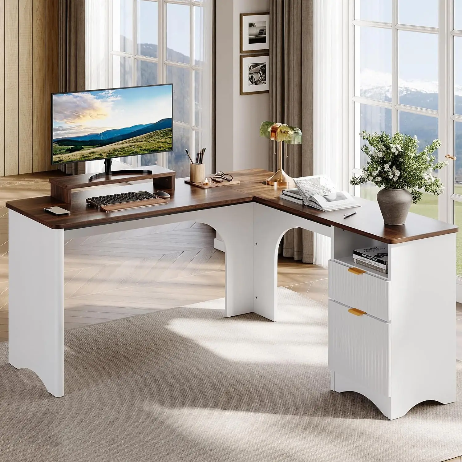 L Shaped Desk with Monitor Stand, Computer Desk with Drawer & Fluted Panel for Home Office, 55 Inch, White, Customized