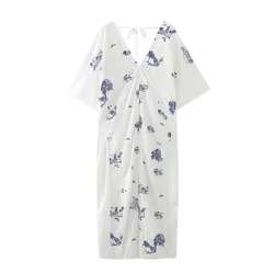 Taop&Za 2024 Spring New Product Women's Fashion Casual V-neck Short sleeved Loose Embroidered Long Shirt Dress