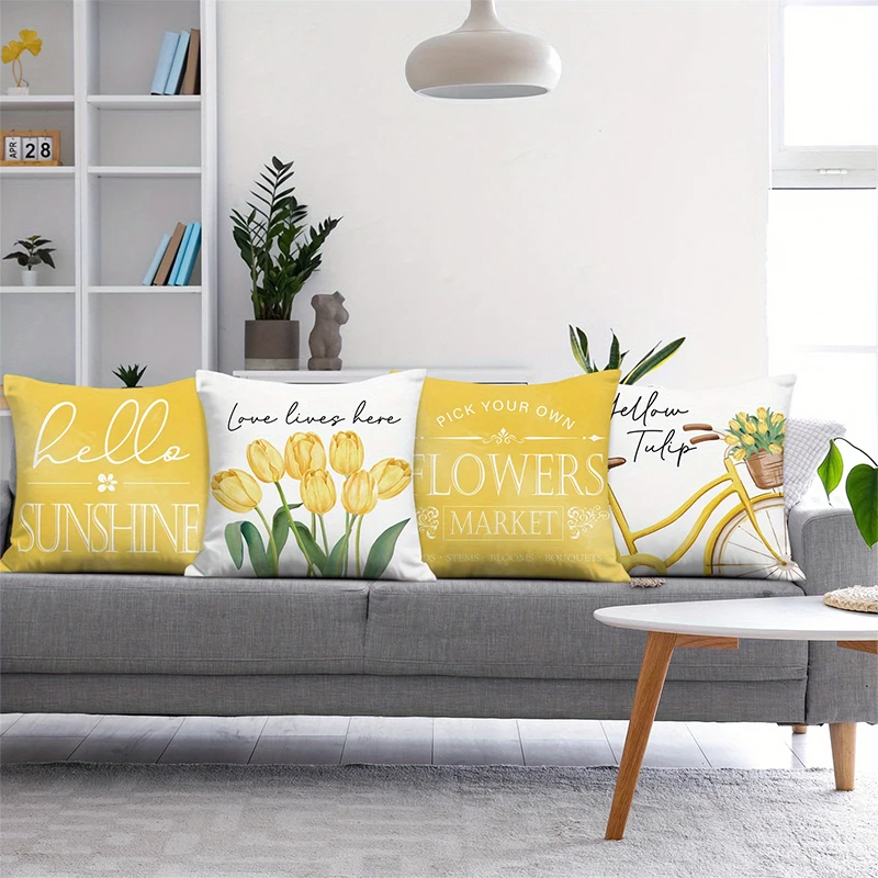 Yellow Tulip Bicycle And Hello Sunshine Pillows Polyester pillowcase, sofa decorative cushion cov Headboard Pillow