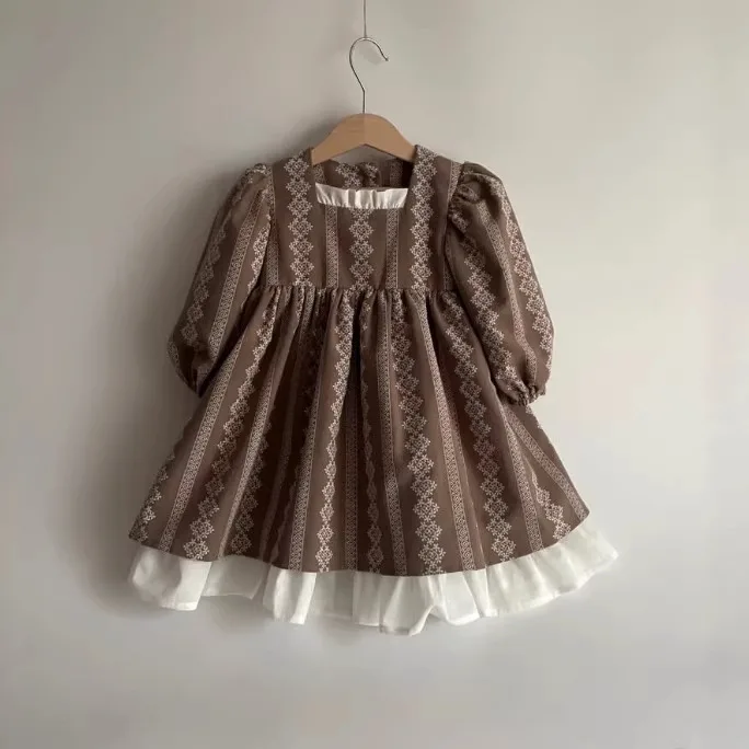 Girls Skirt 2026 Spring/summer New Childrens Wear Girls Baby Cotton Print Match Color Palace Style Long-sleeved Princess Dress