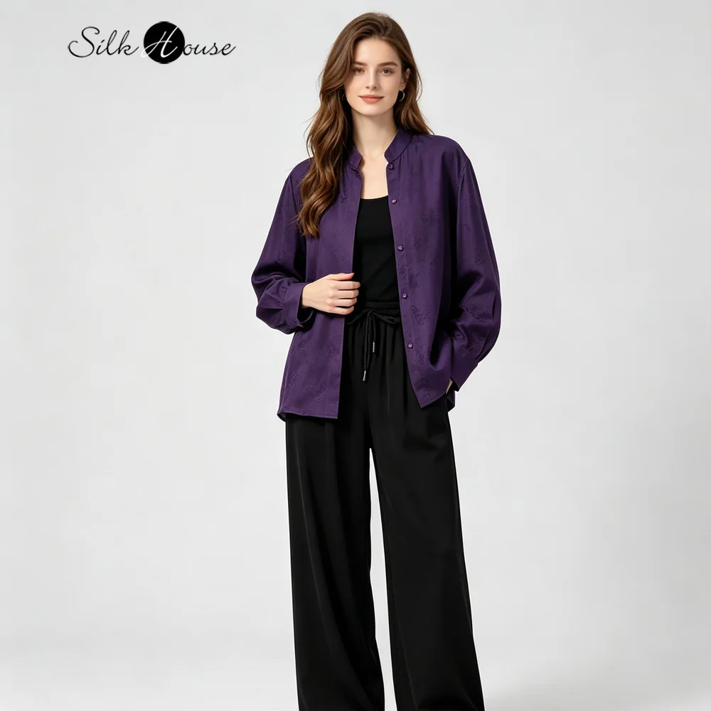 

Plus Size Purple Simple 100% Natural Mulberry Silk SangBo Satin Stand Collar Long Sleeves Versatile Loose Women's Jacket