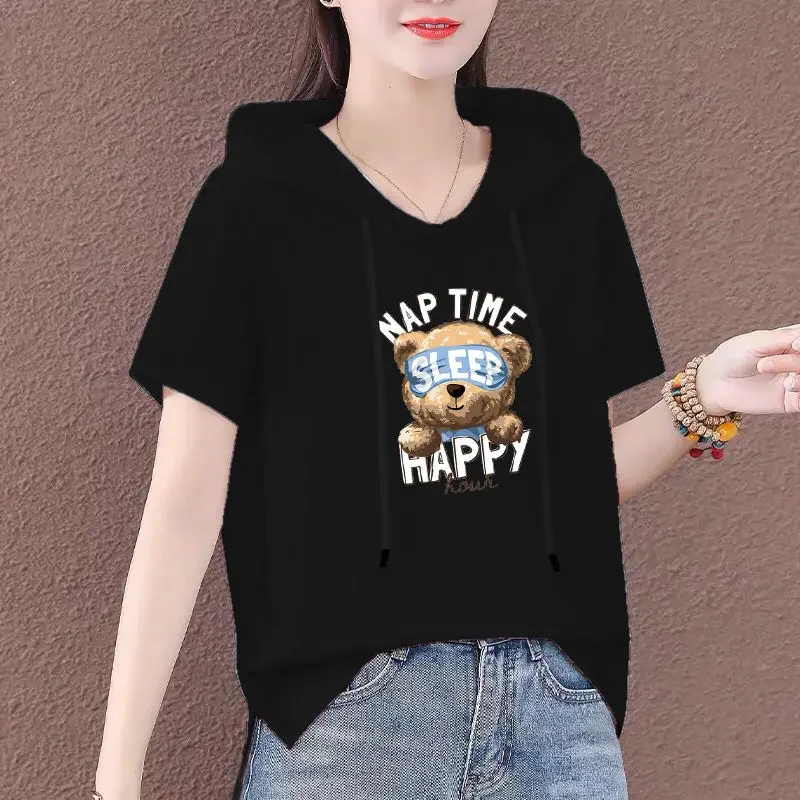 Short-Sleeved Cotton Hoodie for Women, Loose T-shirt, Cover Belly, Large Size, Summer Version, Reduce Age, Fashion