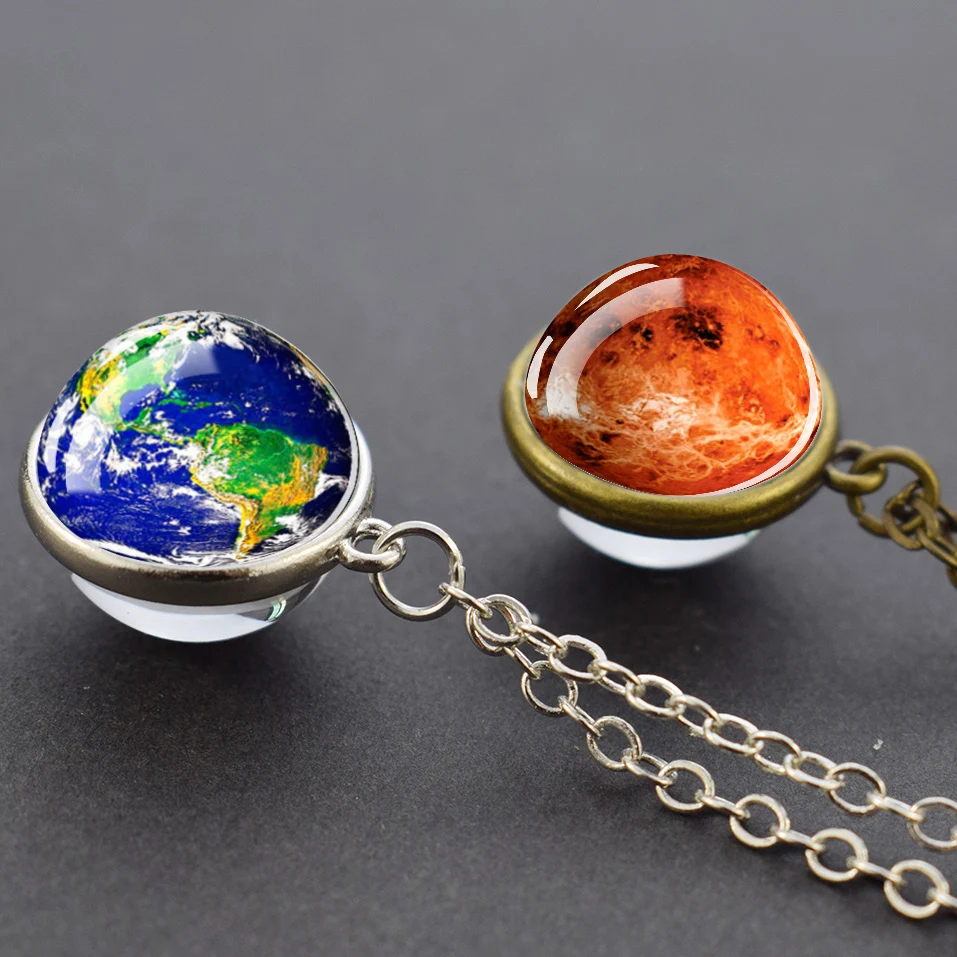 Glowing Necklace 9 Planets Glass Globe Pendant Cosmic Solar System Earth Moon Jupiter Saturn Image Glass Necklace Gift for Women