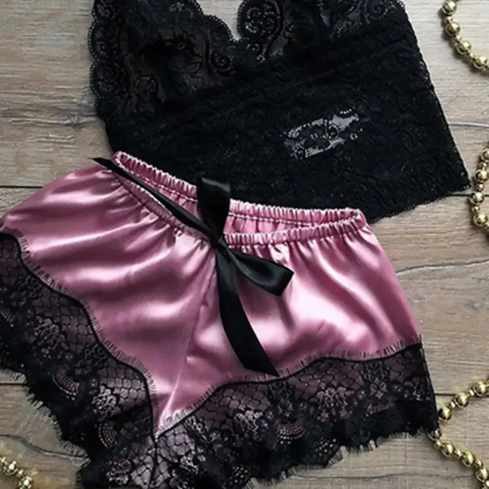 Womens Sexy Lace Sleepwear Lace Lingerie Sleeveless V-Neck Babydoll Pajamas Set Lingerie Tops Shorts Bra Short Pants Nightwear