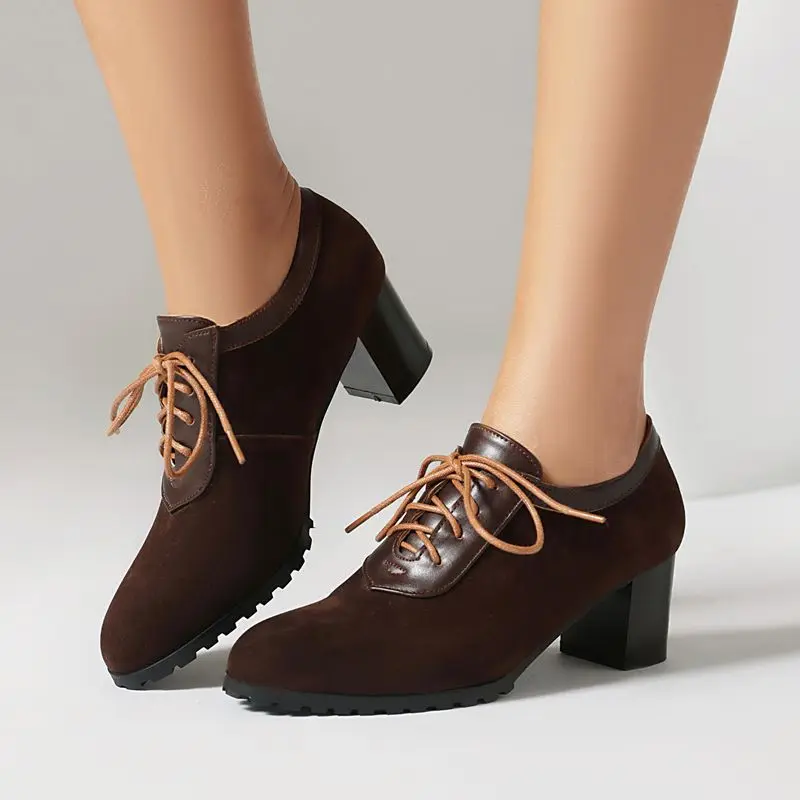ASILETO 2024 New Office Lady Pumps Round Toe Block Heels 5.5cm Lace Up Flock Suede Plus Size 41 42 43 Mature Daily Women Shoes image 3