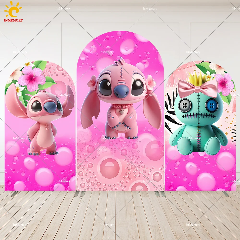 Pink Lilo and Stitch Arch Round Top Backdrop Cover Girls Baby Shower 1st Birthday Party Chiara Arched Wall Photo Background