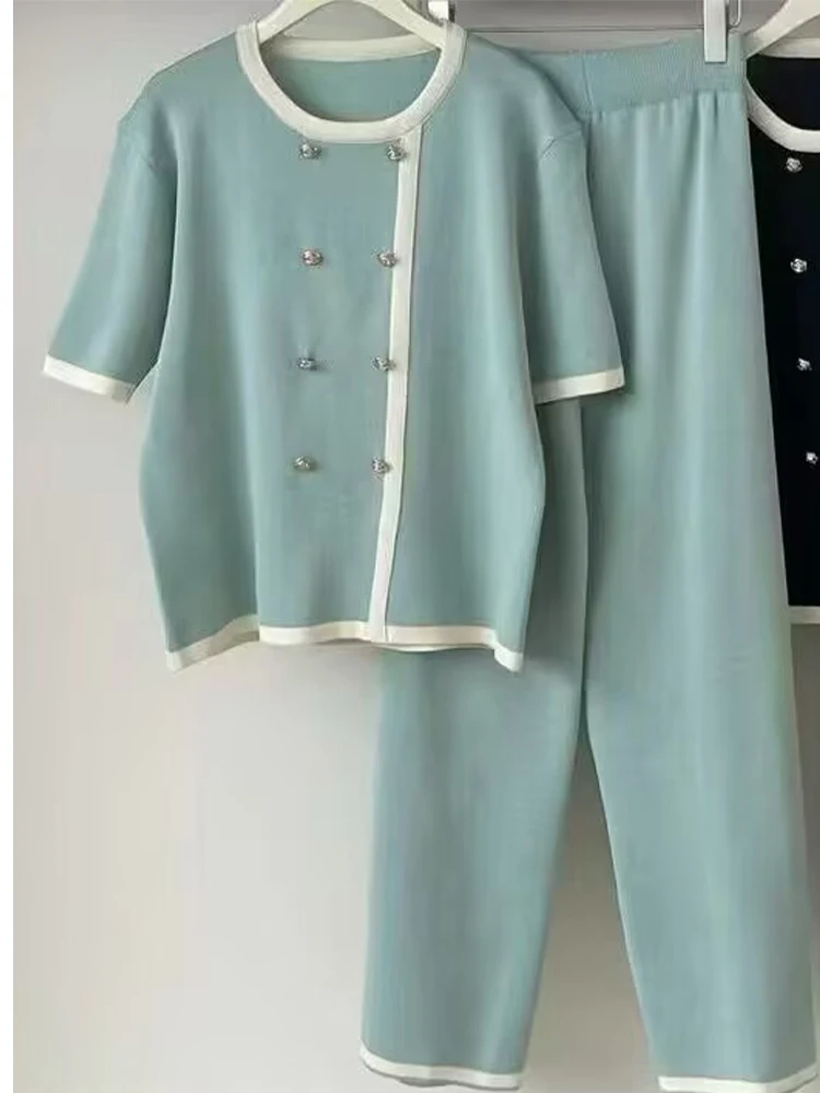 

Casual Color Blocked Round Neck Knitted Sweater+High Waist Wide Leg Pants Two-Piece Set 2025 New Fashionable Women'S Clothing