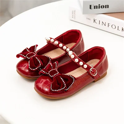 Pearl Bow Line with Girls Round Toe Leather Shoes Burgundy/black, Girls 2024 Spring Sweet PU Leather Shoes, Size 24-33