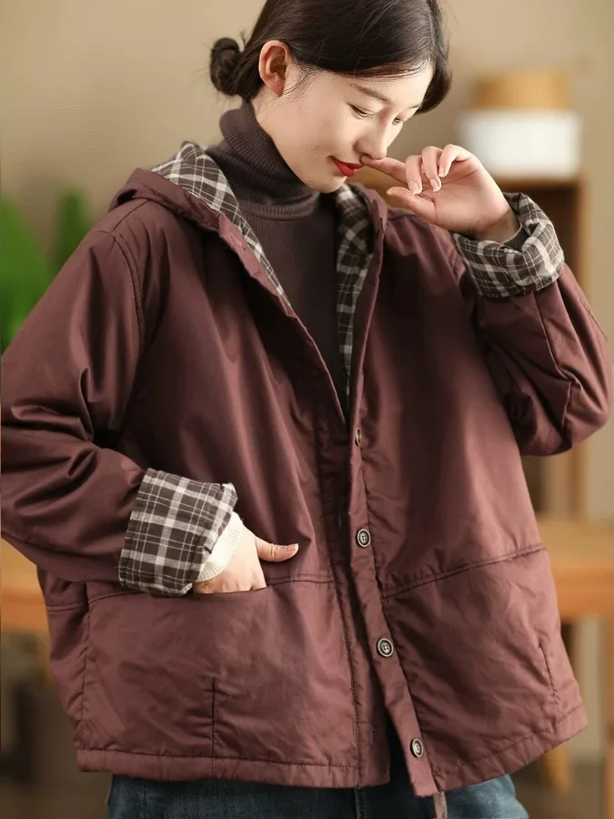 

Double Layer Cotton Jaet Winter Sle Retro Flannel Lined Hooded Coat Thiened Long Sve Color Women's Outerwear