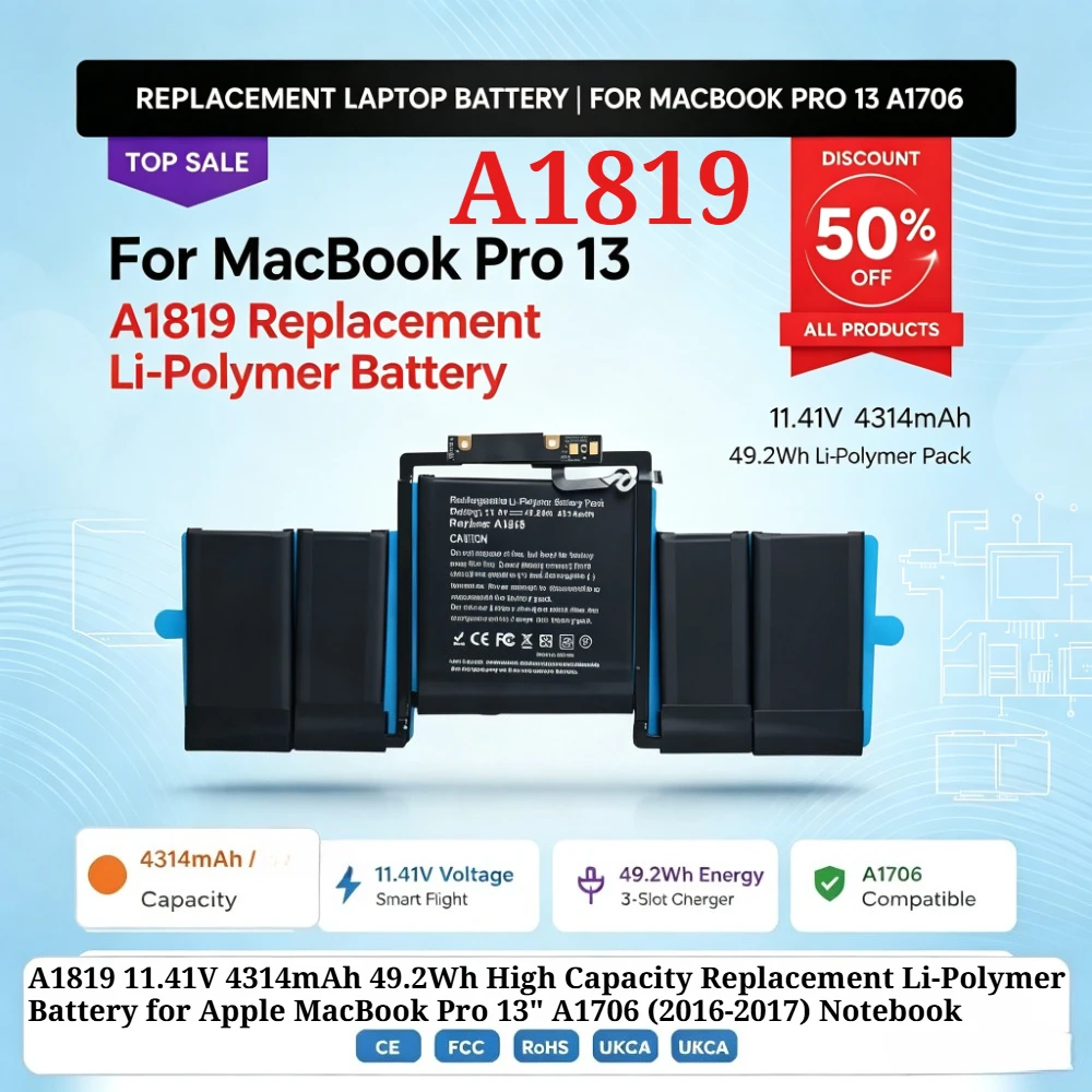 A1819 11.41V 4314mAh 49.2Wh High Capacity Replacement Li-Polymer Battery for Apple MacBook Pro 13