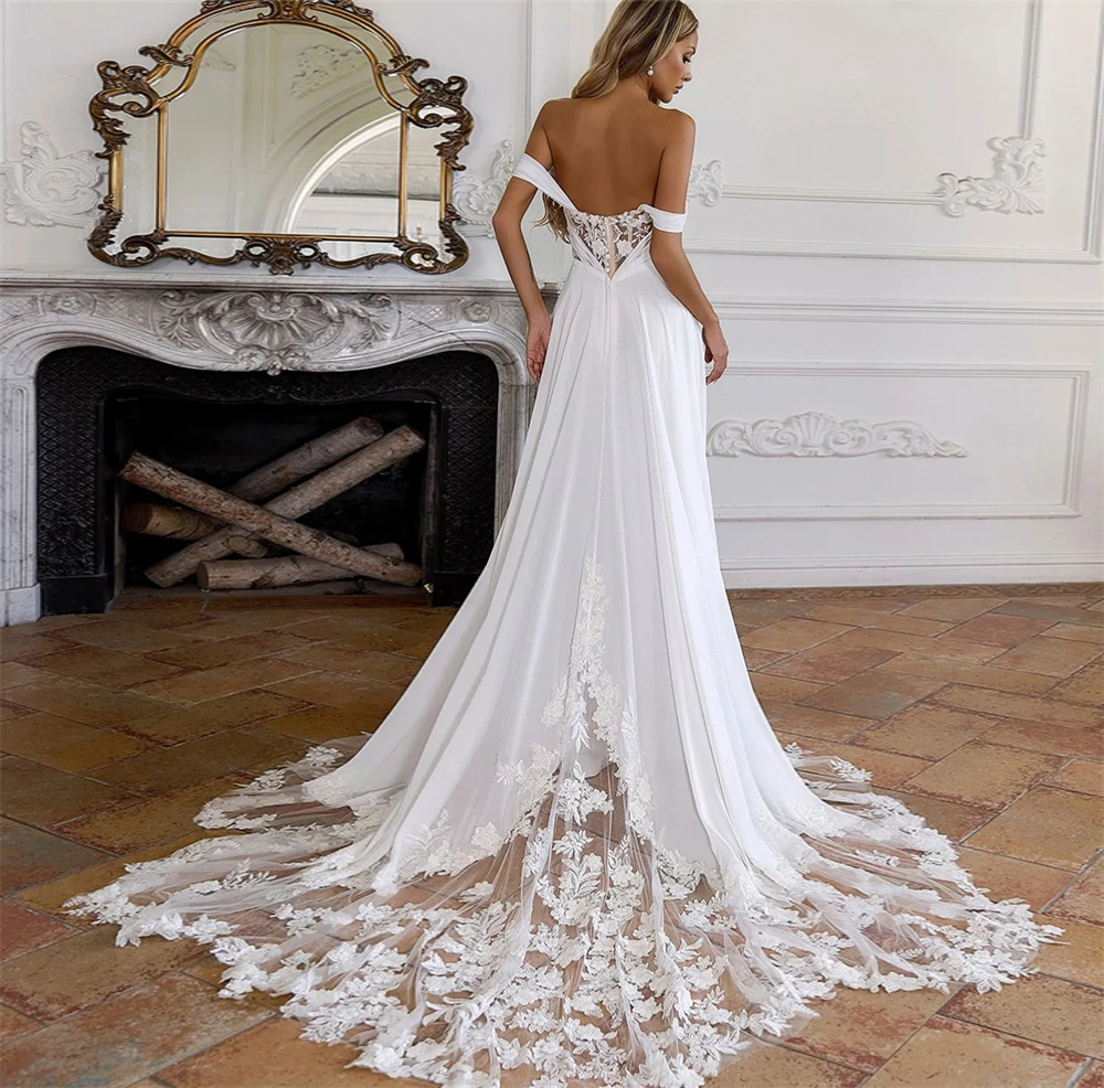 

Customized Sexy White Organza Wedding Dress Boho Sweetheart Off the Shoulder Bridal Gowns Soft A-Line Court Train Robe de mariée