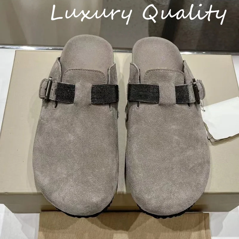 2024 Women's Round Toe Shoes Casual Flat Sandals Solid Color Metal Decoration Thick Sole Comfortable Buckle Strap Upper