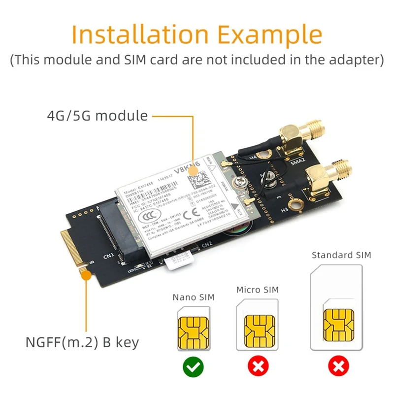 M.2 Key-B Draadloze Module Adapter Met Sim-Kaartsleuf Ondersteuning 5G 4G 3G Lte Gsm Modem Zwart Voor Ngff 3042 3052 M2 B Key Card