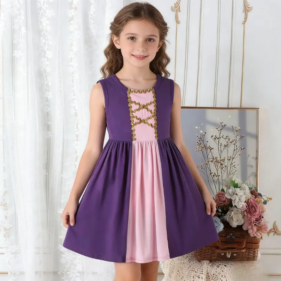 Girls Princess Rapunzel Costume Dress Purple Pink Sleeveless Gold Ribbons Up Kids Birthday Party Cosplay Dress