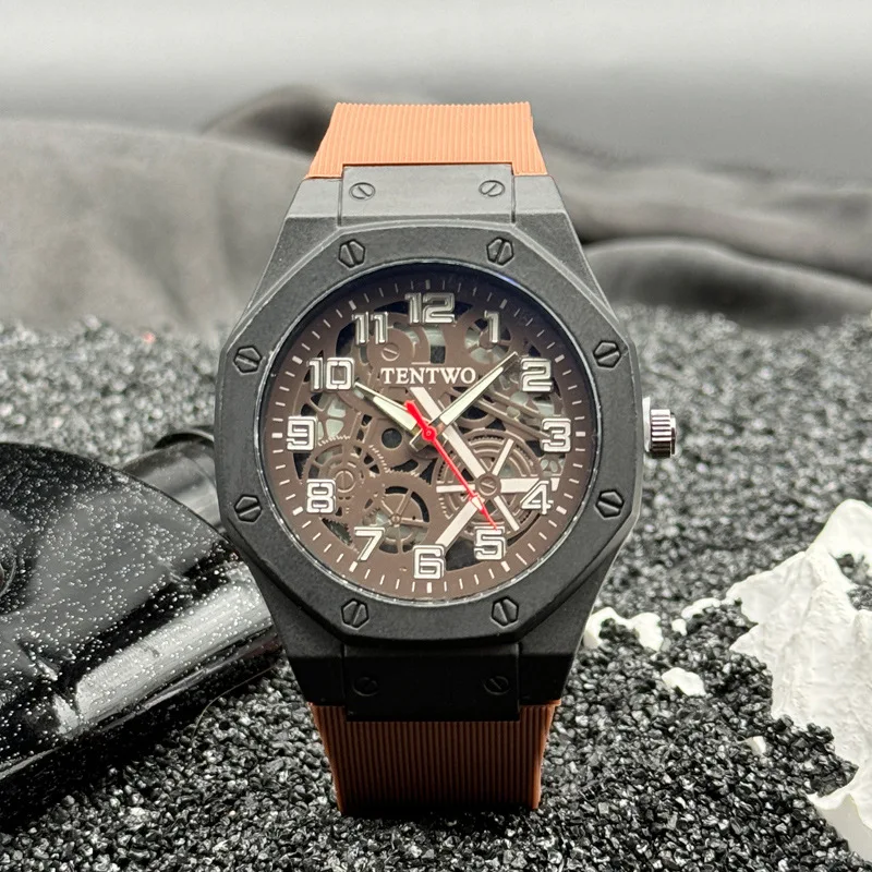 New Fashion Luxury Man Hollow Sports Silicone Watch Men Business Wristwatches Male Clock Octagon Quartz Watches Reloj Hombre