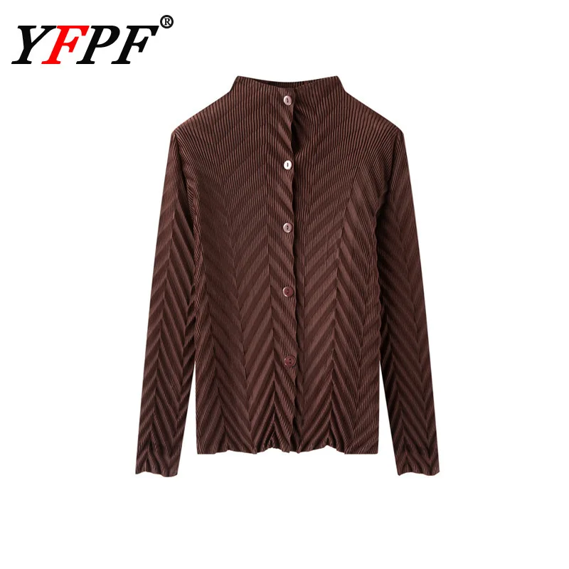 

Женская блузка YFPF Miyake с плиссированным дизайном, однотонная, с длинным рукавом, воротником-стойкой, модная повседневная рубашка, новая коллекция Весна 2026