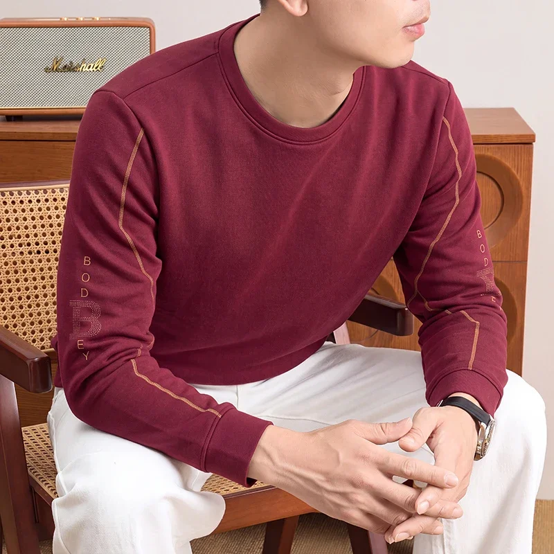 Mens Daily Crew Neck Sweatshirt Long‑Sleeve Sleeve‑Side Letter Print Contrast Stitching Relaxed Fit Casual Shirts view 3