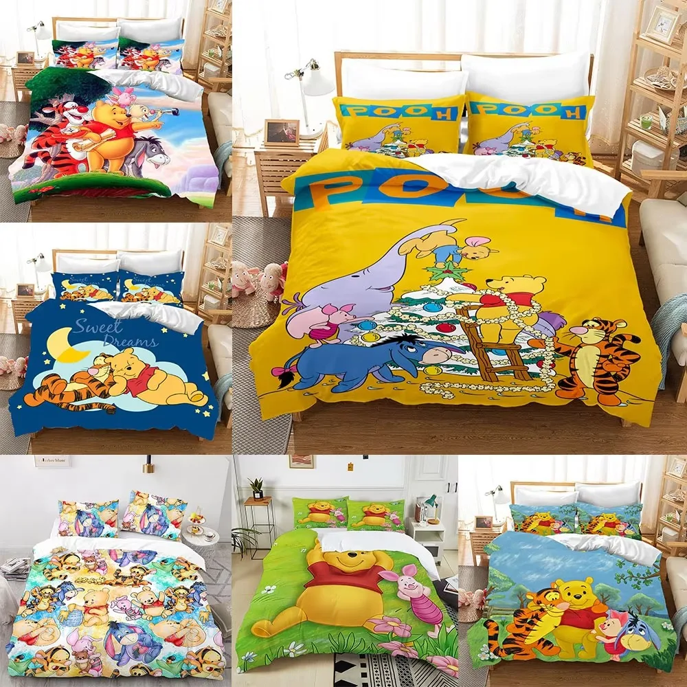 Juegos de cama de Winnie the Pooh, edredón de oso bonito, funda de cama, funda de edredón, funda de almohada, juegos de 2-3 piezas, decoración de dormitorio