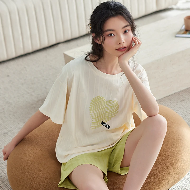 Casual Jacquard Weave Women Simple Pajamas Set Cotton Summer Short Sleeve Shirts+Pants Sleepwear Nightwear Woman Pajama Homewear