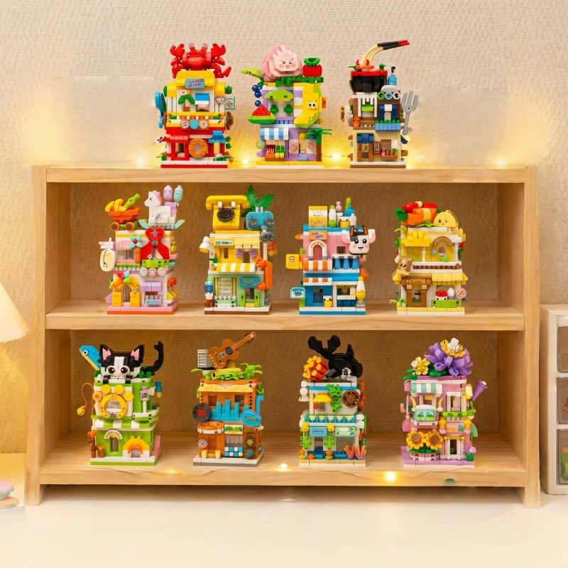 Straßenszenen-Bausteinset, 12 Laden-Bausteinmodelle, Miniatur-Stadt-Laden-Bausatz, geeignet als Desktop-Dekoration.