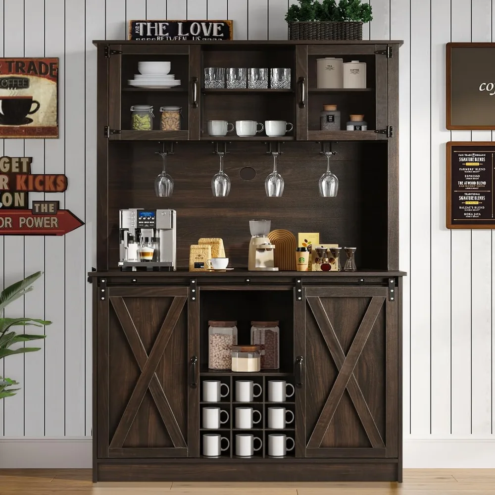 

72" Farmhouse Coffee Bar Cabinet with 2 Glass Doors & 9 Wine Racks, Tall Hutch Cabinet with Storage, Wine Bar with 4 Row Metal