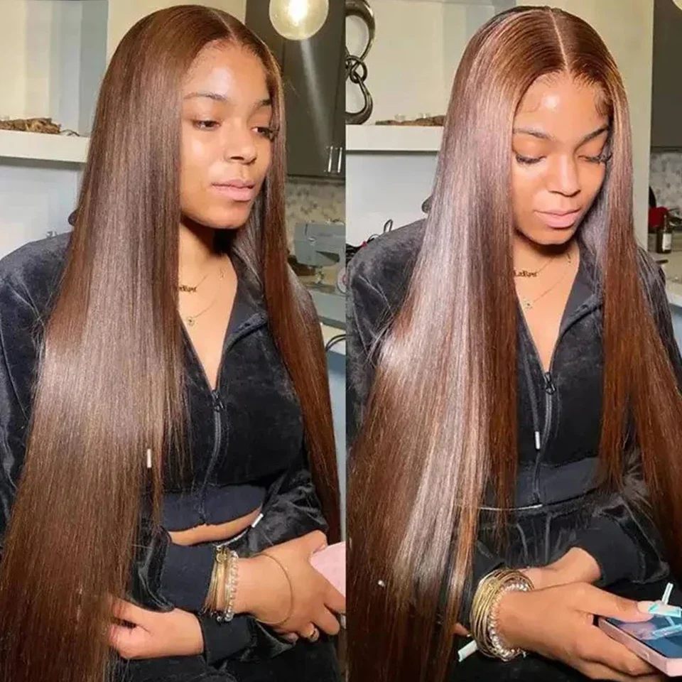 Cabelo Humano Liso Virgem Castanho Chocolate em Pacotes de 3/4 Peças, Extensões de Cabelo Humano Liso Extremo para Mulheres - Liquidação