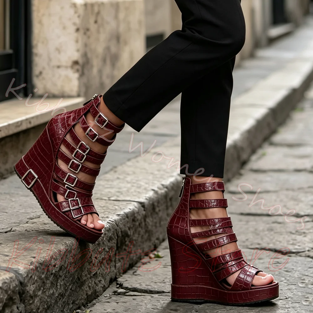 Multi Buckle Sandal Wedge Platform Ankle Boots Women Goth Fashion Peep Toe Leather Back Zipper Punk Streetwear Club Party Ladies - view 5