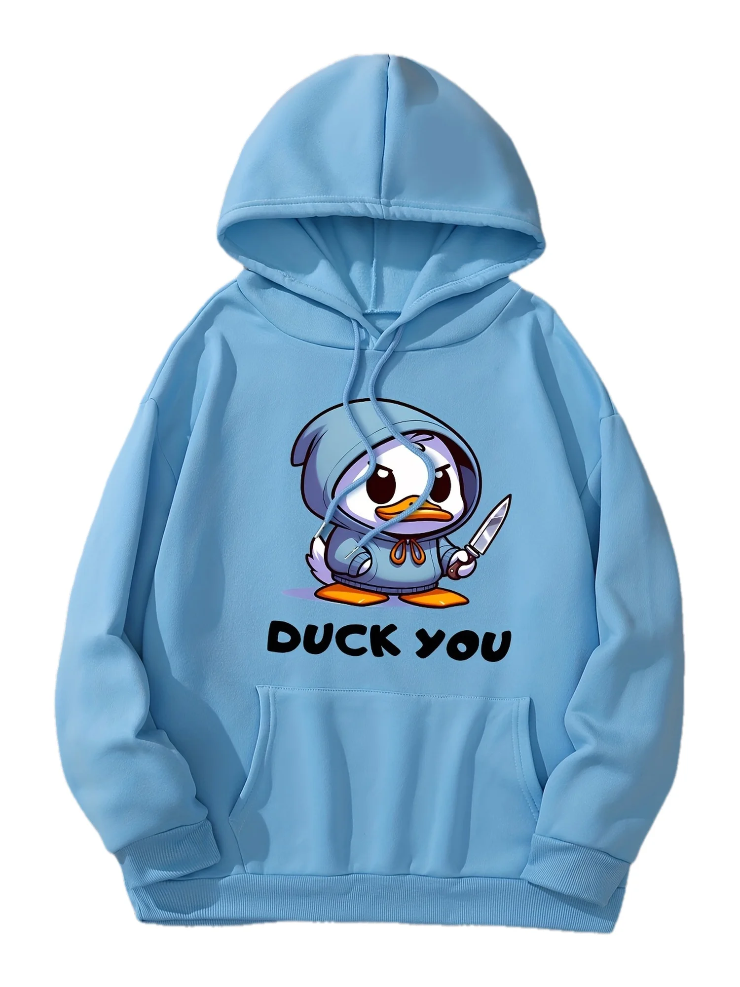 Felpa con cappuccio moda casual da donna con stampa anatra, tessuto lavorato a maglia 100% poliestere, manica lunga, vestibilità regolare, con coulisse