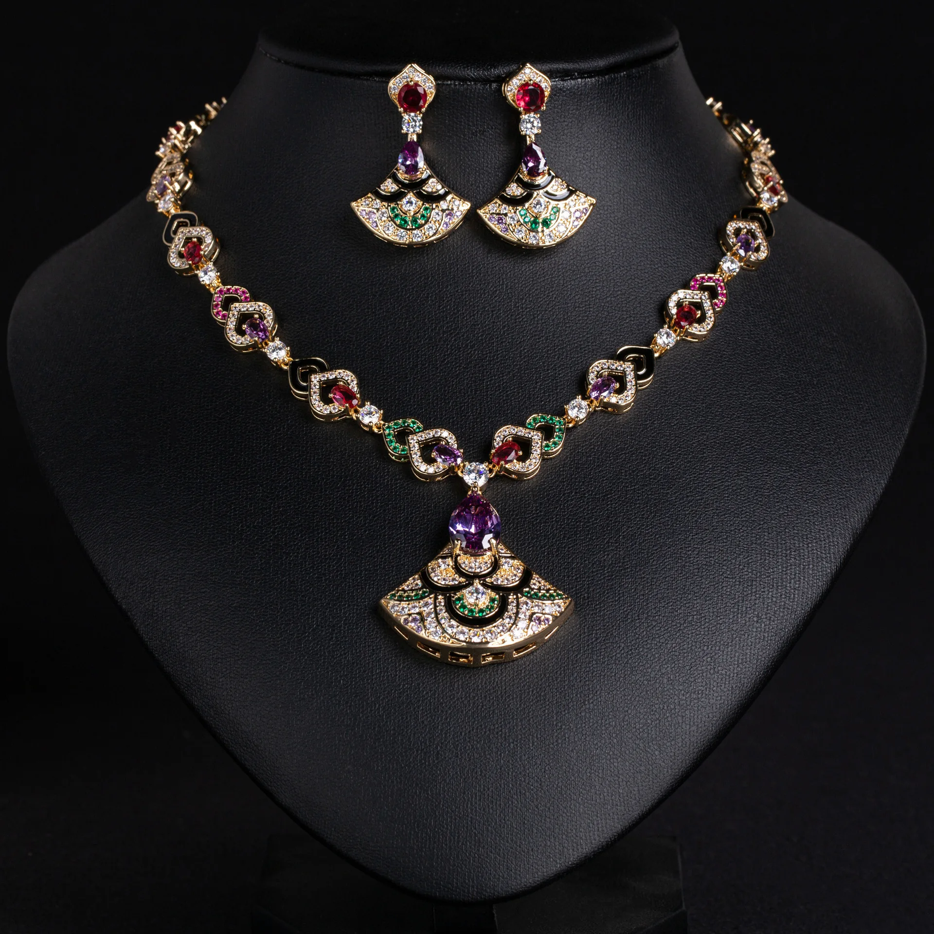

Luxury Heavy Fan Shaped Jewelry Set, Cubic Zirconia Inlaid Necklace Earrings, Exaggerated Elegant Wedding Party Gifts for Women