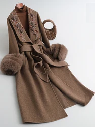 2024 New Women Autumn Winter Coats Cashmere Sheep Wool Blends Real Natural Fox Fur Cuff Belt Slim Style Female Outerwear