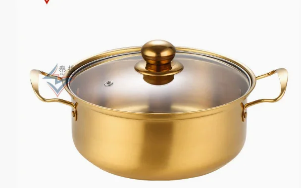 

Stainless Steel Soup Pot Small Golden Double Handle Korean Ramen Pot Induction Cooker Glass Lid Cooking Pots Ramen Pan