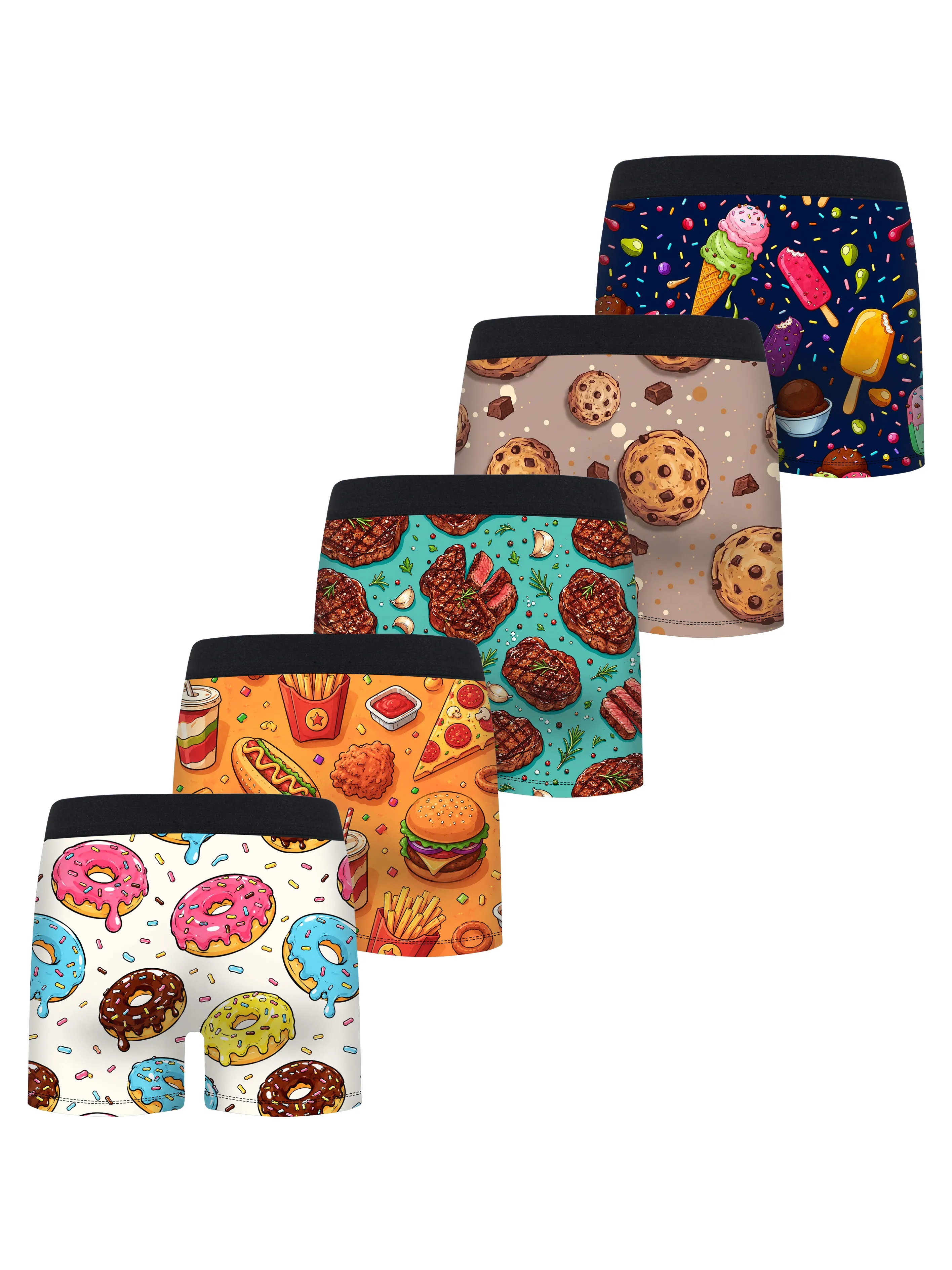 5Pcs Boys Food Theme Boxer Briefs Set Donut Fast Food Ice Cream Print Soft Breathable 95% Polyester 5% Elastane Kids Underwear f