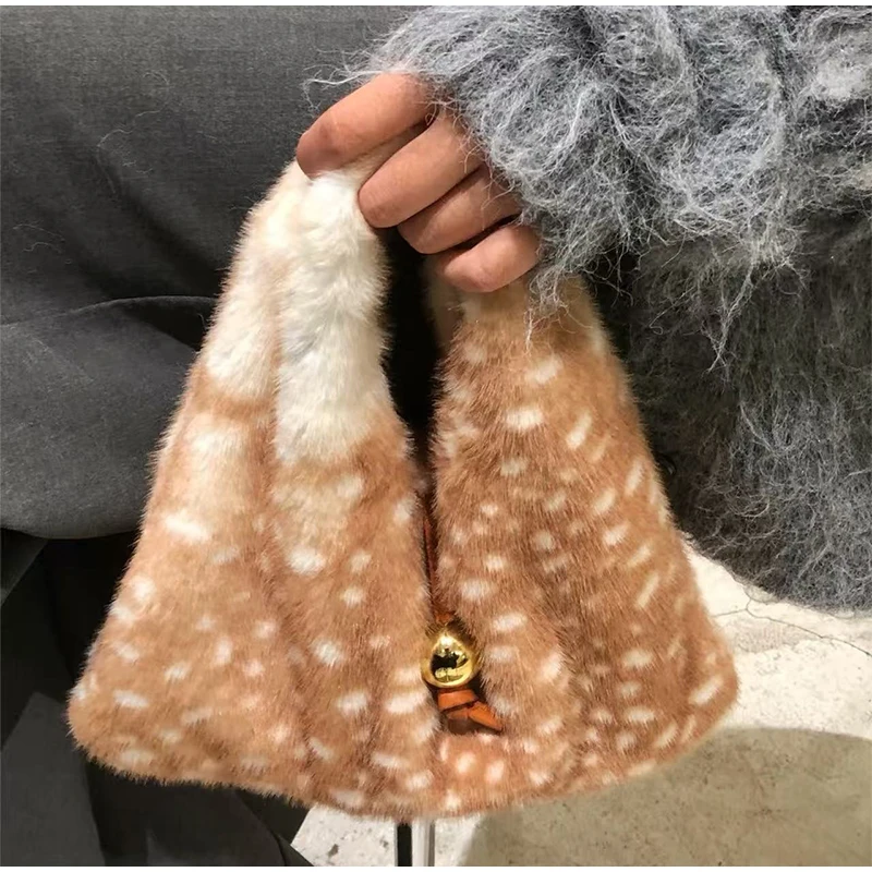 Плюшевая большая сумка, модная сумка-ведро с цветным принтом оленя, зимняя сумка-ведро из искусственного меха, корейский стиль, милый кошелек с цепочкой, сумка через плечо