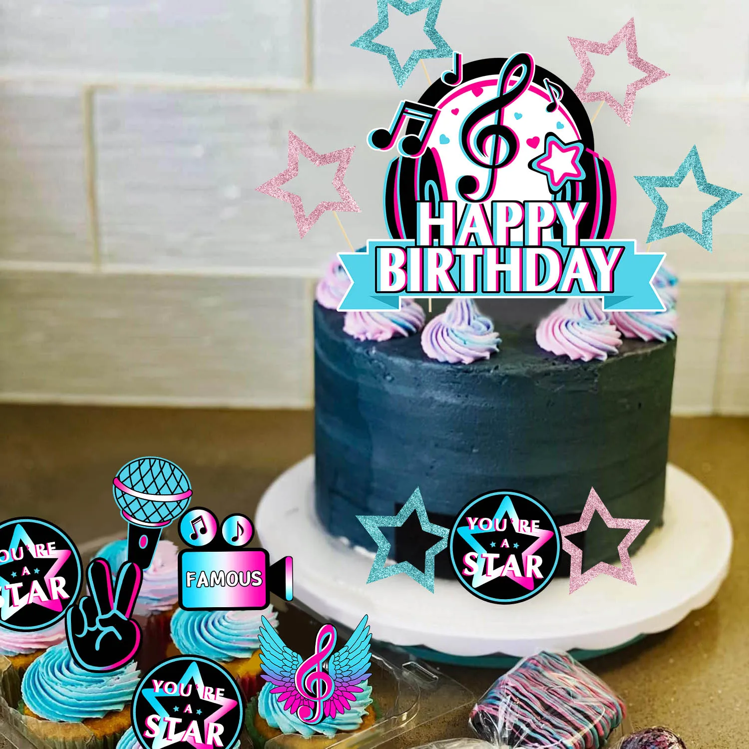 Musik-Kuchenaufsatz-Set, STERN BERÜHMTE, musikalische Geburtstagsparty-Kuchendekorationen für Musik, Karaoke-Thema, Geburtstagsparty-Zubehör – Detail 13