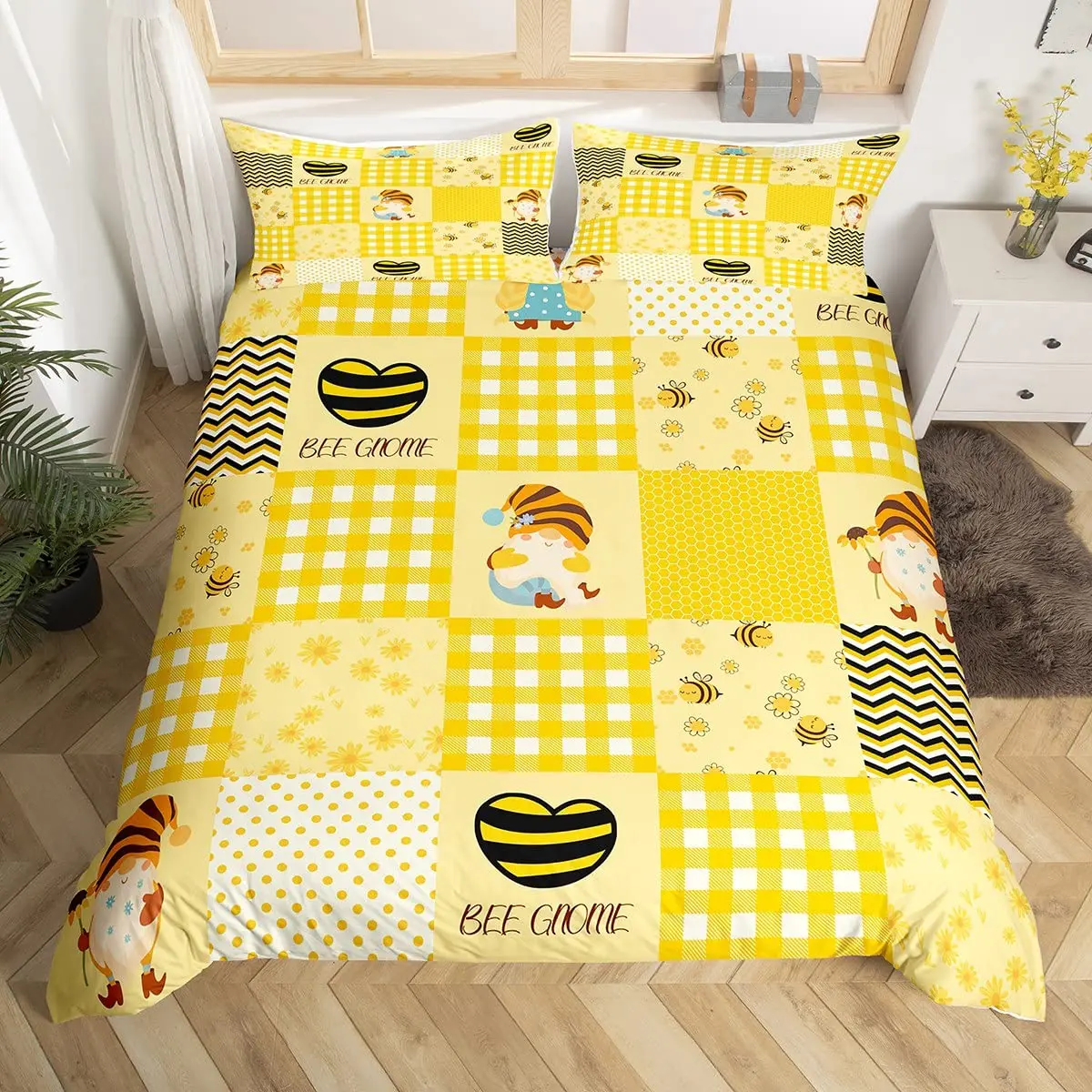 Cartoon Gnome Sunflower Duvet Cover King Queen Lovely Dwarf Flowers Bedding Set Yellow Floral Comforter Cover with 2 Pillowcase