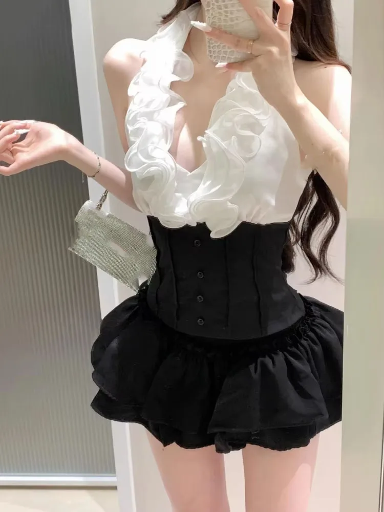 

Женская одежда Комплекты из двух предметов Сексуальный контрастный цветной жилет с рюшами на шее + плиссированная мини-юбка трапециевидной формы с высокой талией Костюм Y2k