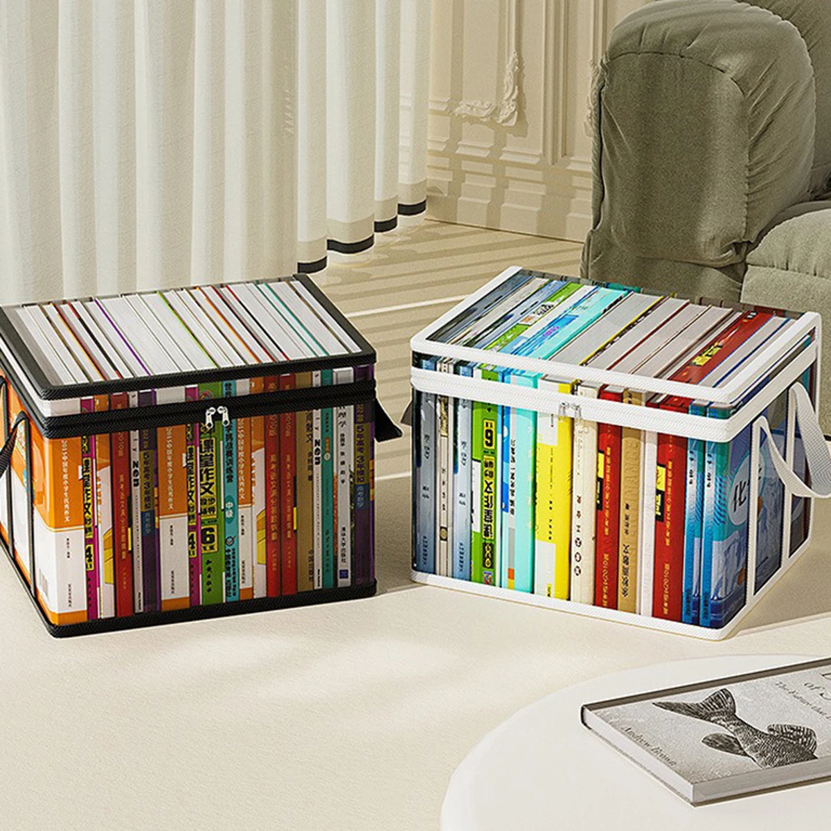 Foldable PVC Book Storage Box,Waterproof Large Capacity Book Organizer for Textbook&Documents, Portable Home School Storage Bag
