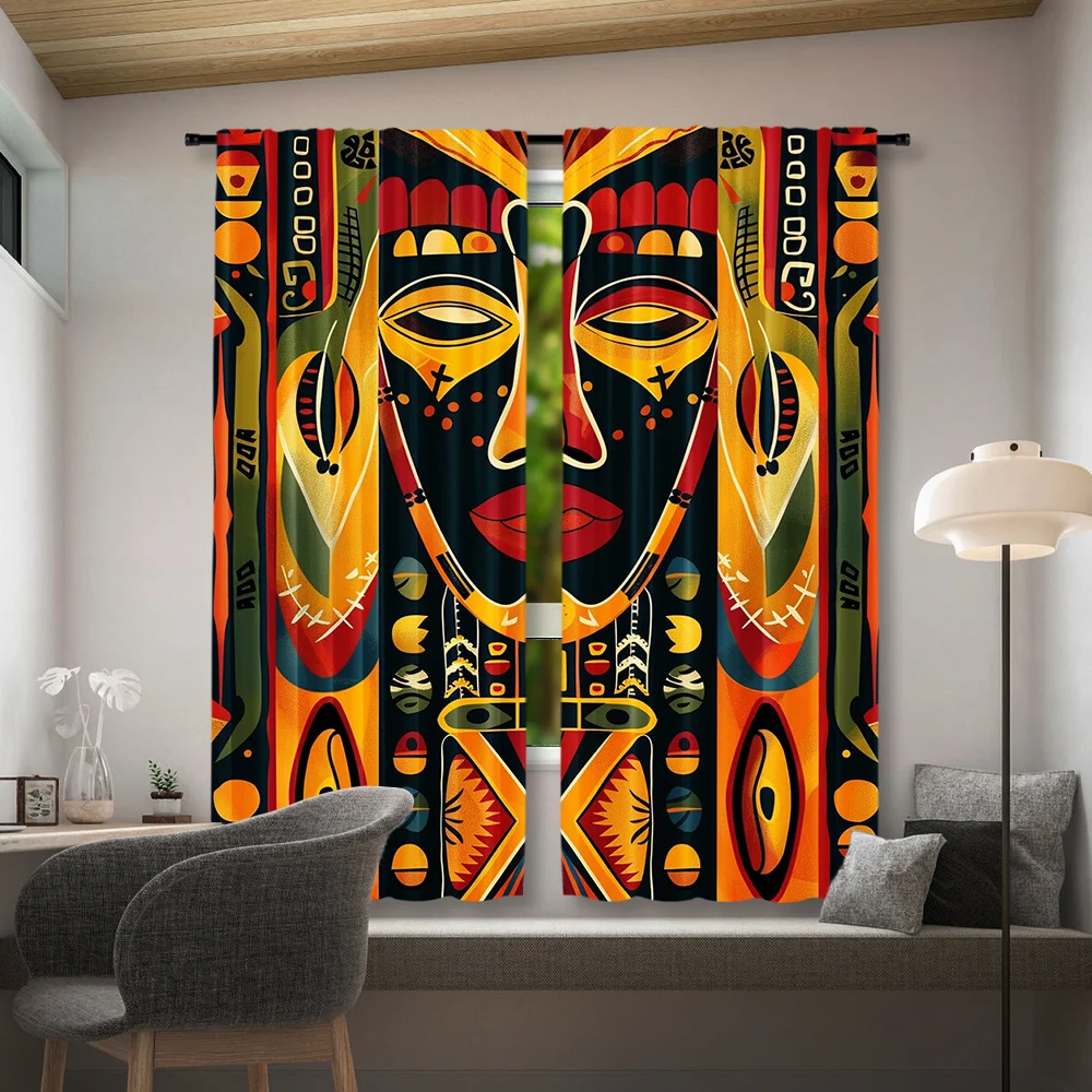 African Tribal Mask Curtain, Ethnic Abstract Face Window Drape, Boho Vintage Home Decor for Living Room, Geometric Art Fabric