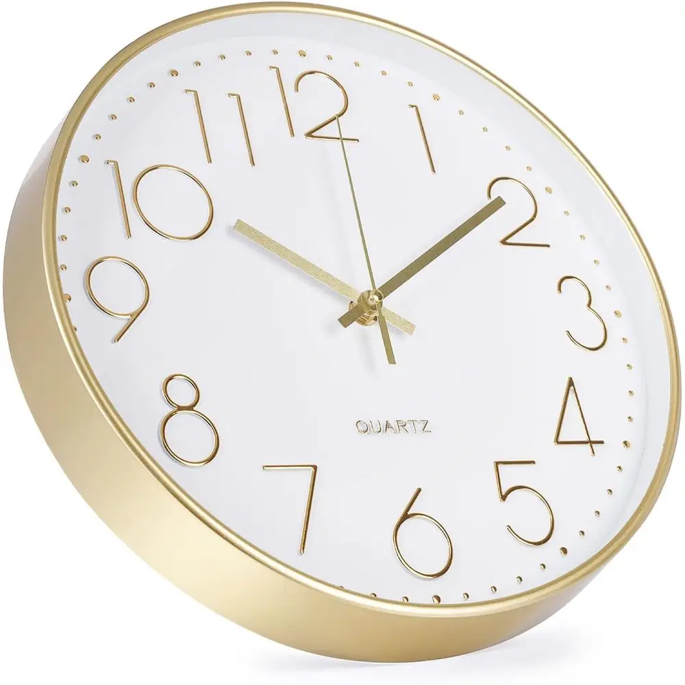 12 Inch Silent Round Gold Dial Quartz Wall Clock for Home, Office, School, Living Room, Bedroom, Kitchen