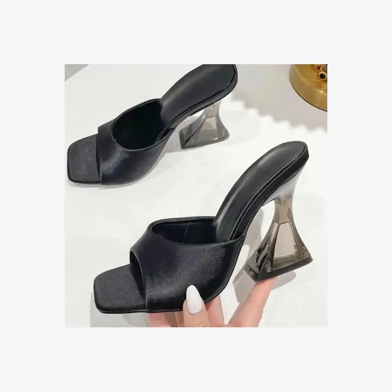 

Летние Новые Модные Шелковые Босоножки на Каблуке с Кристаллами, Удобные Туфли на Высоком Каблуке Большого Размера, Слипоны с Квадратным Носком