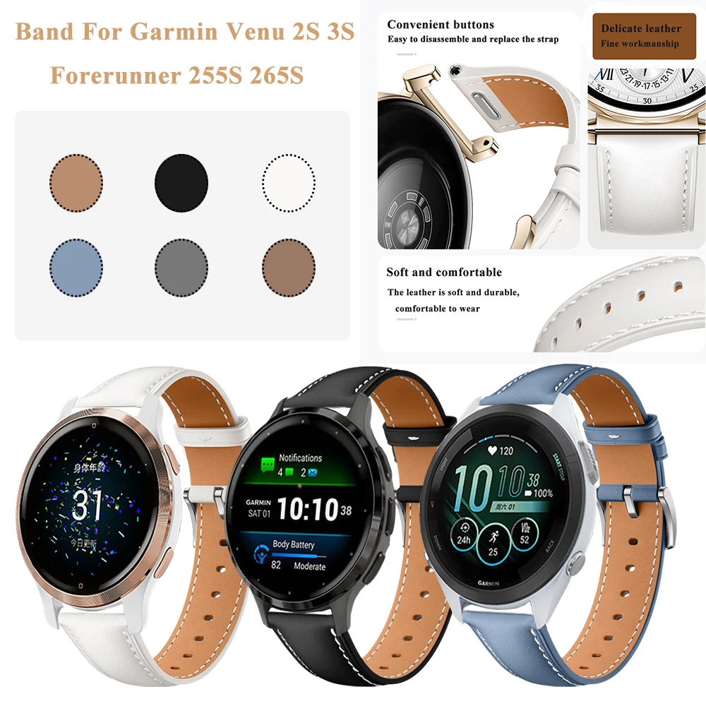 

Сменный браслет 18 мм для Garmin Venu 2S 3S Forerunner 255S 265S, мужской и женский кожаный ремешок для часов Garmin Vivoactive 4S