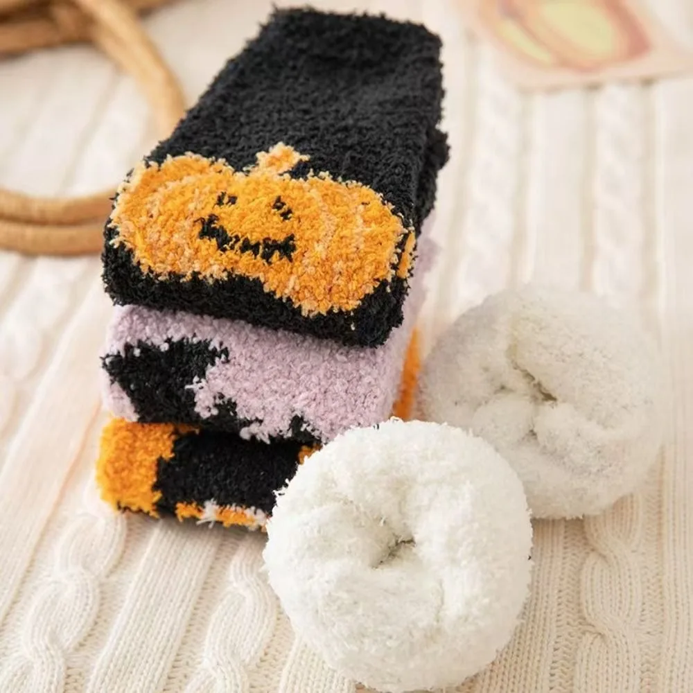Soft Coral Fleece Fuzzy Socks Halloween Print Jacquard Mid-Calf Socks Thickened Warm Cozy Warm Slipper Socks Halloween Party