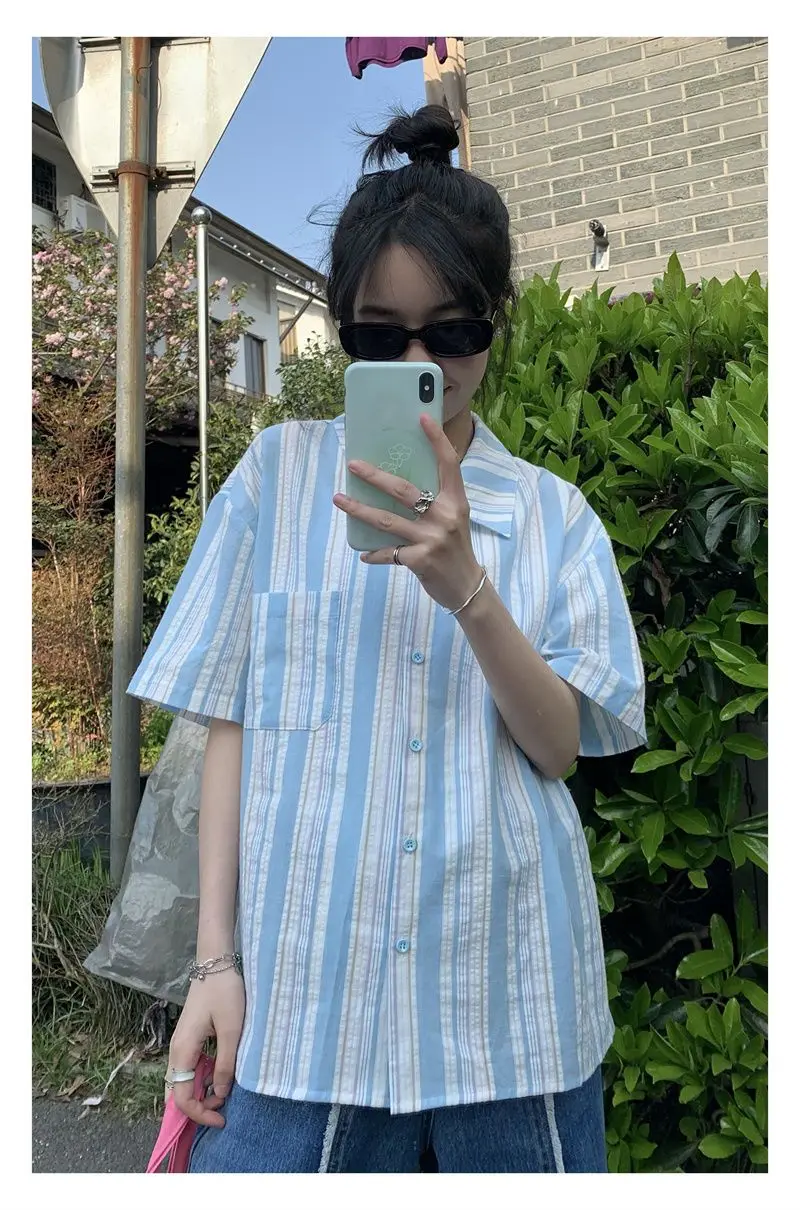 Shirts Striped Pockets Women Summer Baggy Streetwear Leisure Simple Retro Ulzzang All-Match Cozy Short Sleeve Chic Ins Trendy