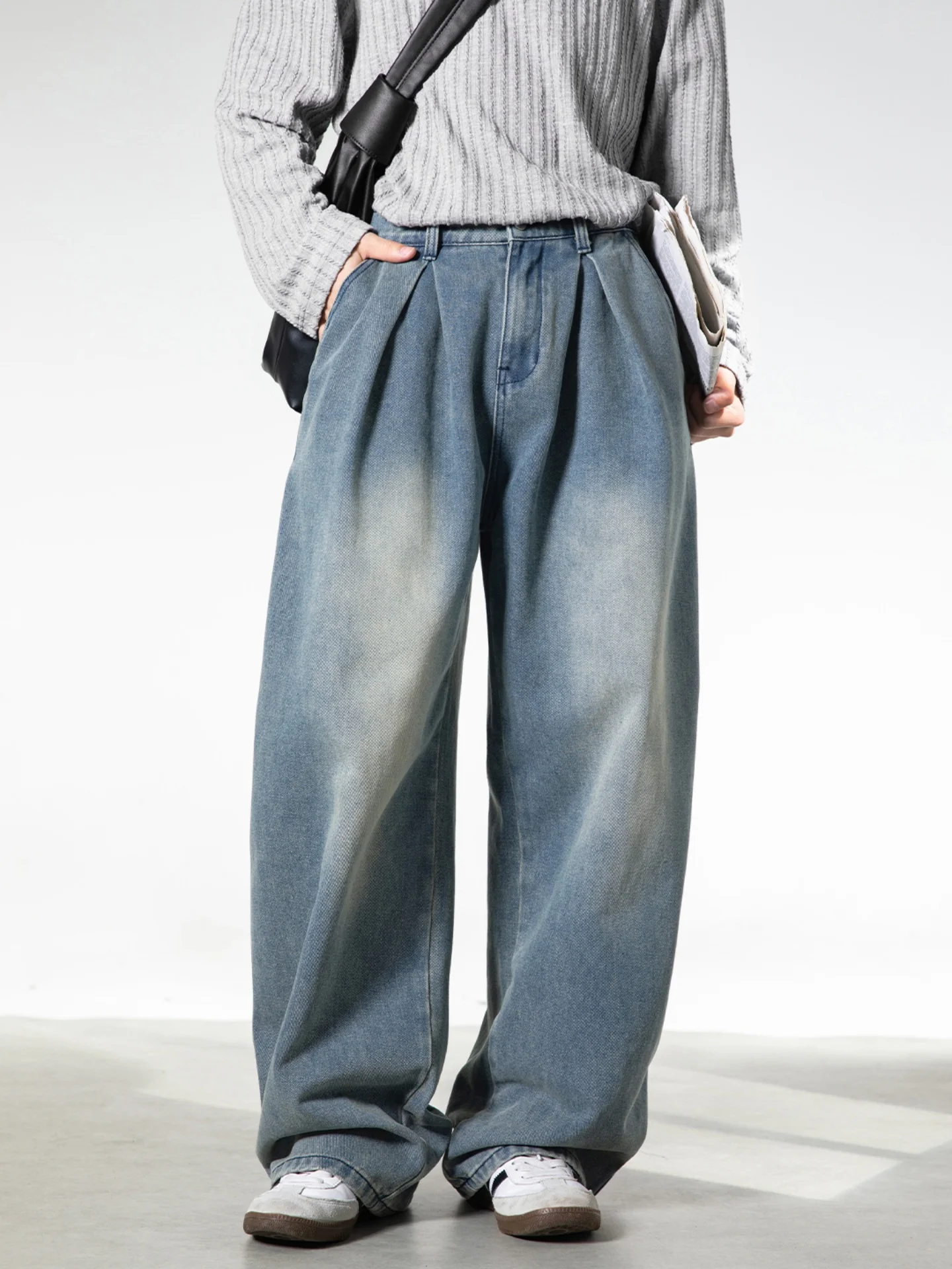 

American Sle Vintage Waed Wide Leg Men's Jeans Spring High Street Loose Drapey Long Pants Casual Cotton Polyester Blend