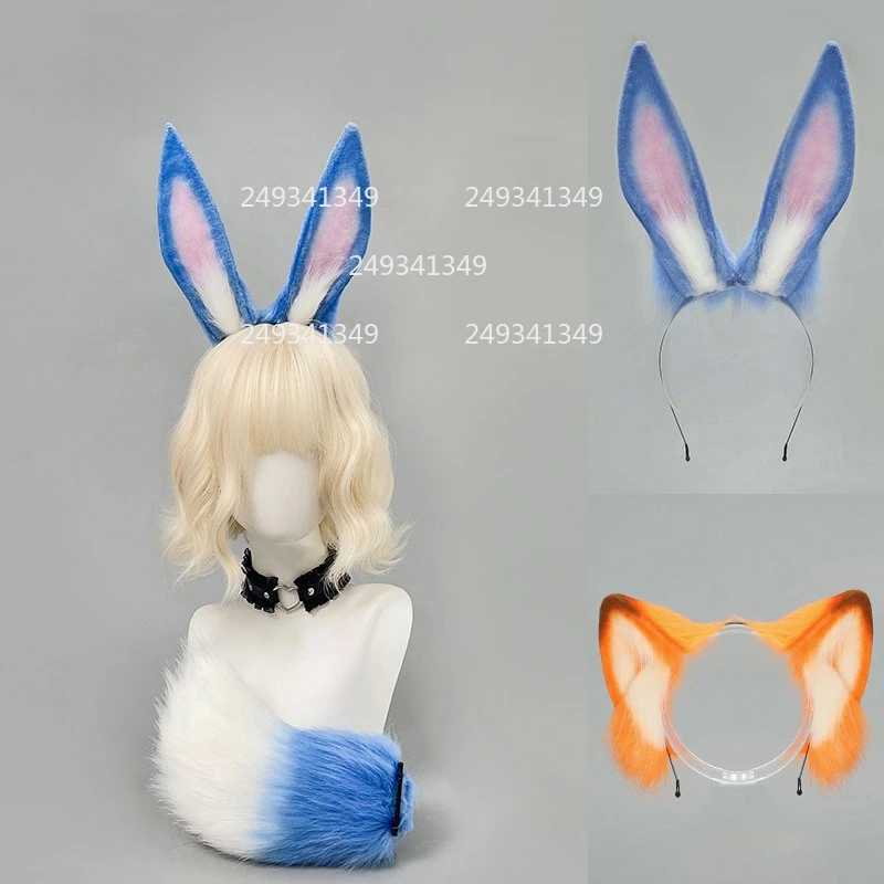 

Game Bladepoint Cosplay Headwear Blue Bunny Ears Tail Headband Woman Orange Cat Ear and Tail Comic-con Stage Costume Accessories