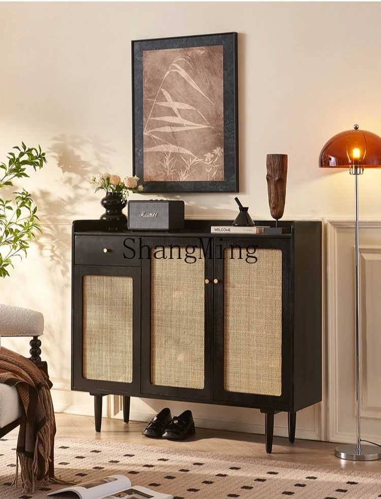 SM solid wood modern simple cabinet with drawers multi-functional layered storage breathable rattan shoe rack