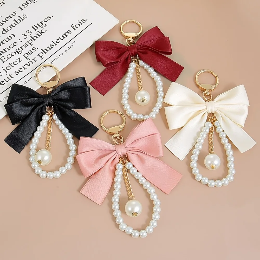 1pc A Ribbon Bow Imitation Pearl Keychain, Creative Key Ring Bag Charm, Phone Charm, Car Keychain, Car Accessory, Gift for Women