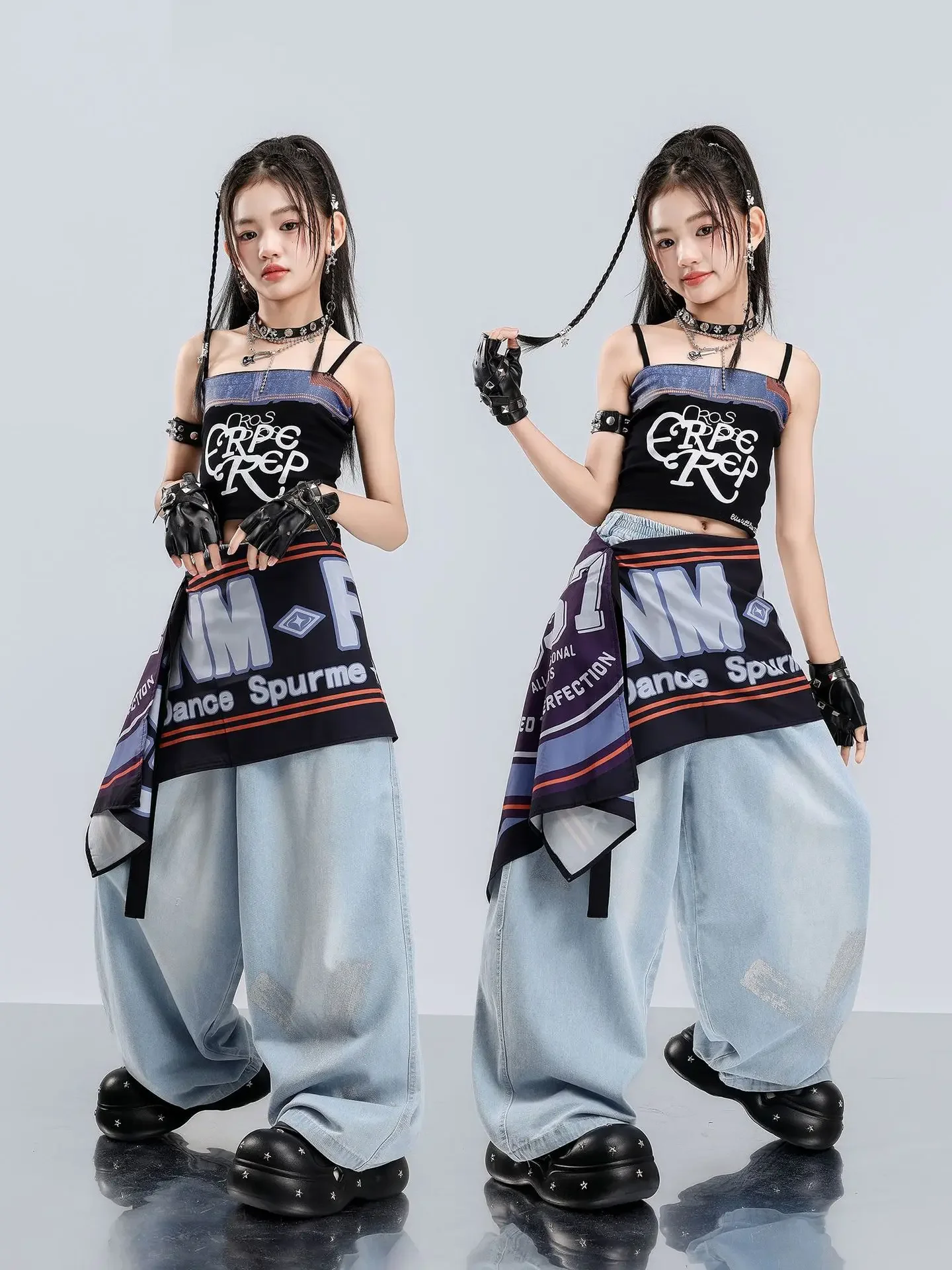 Kid Kpop Hip Hop Clothing Black Denim Trim Camisole Crop Blue Wide Leg Jeans Baggy Pants for Girls Street Dance Costumes Clothes