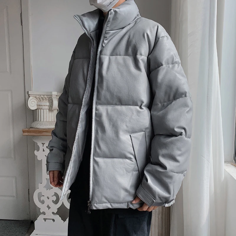 Winter Thicken Warm Windproof Faux Leather Mens Black Parkas Harajuku Fashion Oversized Cotton Padded Jackets Puffer Outerwear