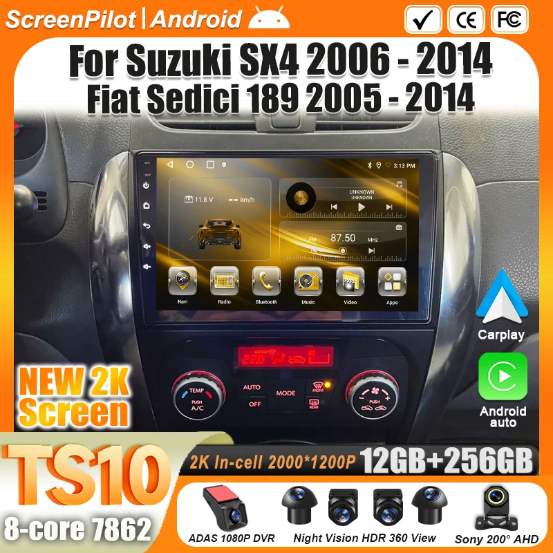 Radio para Auto Android 16 con GPS y Navegación, Android Auto Inalámbrico, RDS, 8 Núcleos, para Suzuki SX4 2006-2014 y Fiat Sedici 189 2005-2014 1